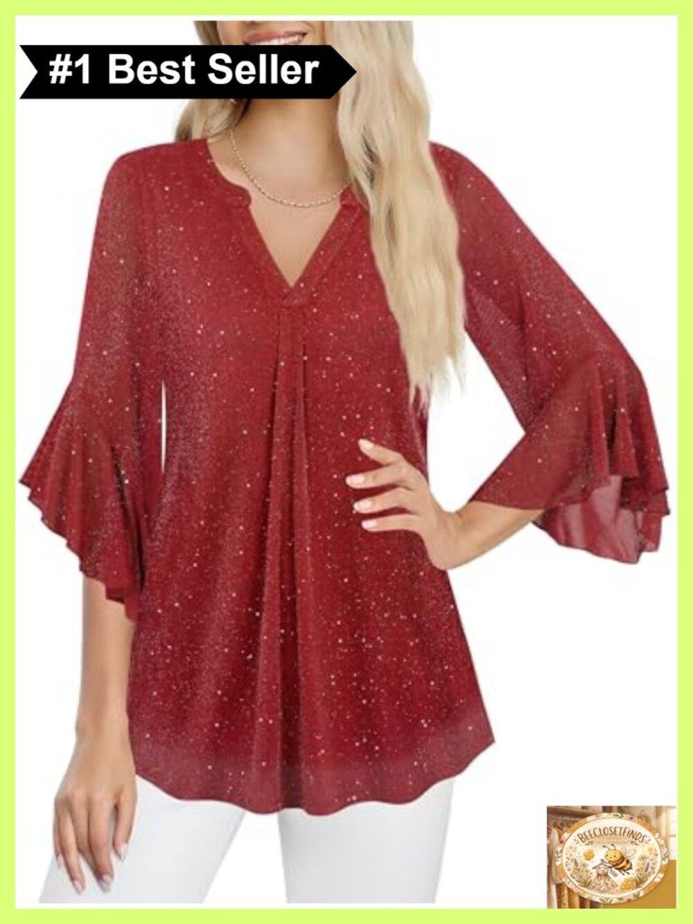 Ninedaily Sequin Sparkly Blouse V-Neck 3/4 Sleeve Dressy Top